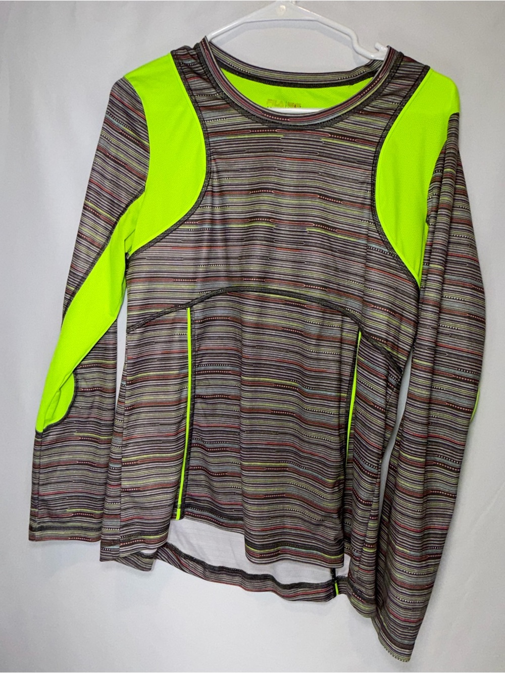 Fila Girls' Neon Accent Long Sleeve Striped Active Top - Gray & Neon Yellow